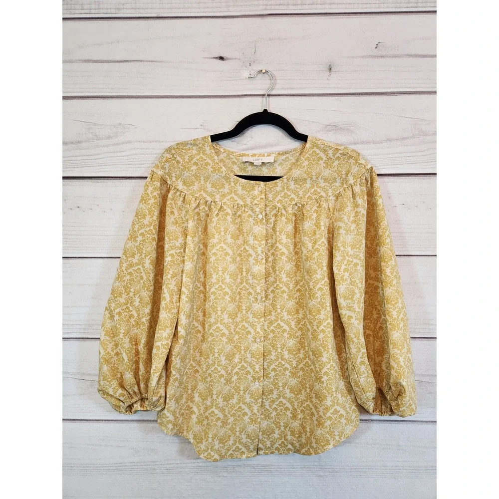 LOFT Size XS Yellow Damask Print Button Front Blouse Long Puff Sleeve Round Neck